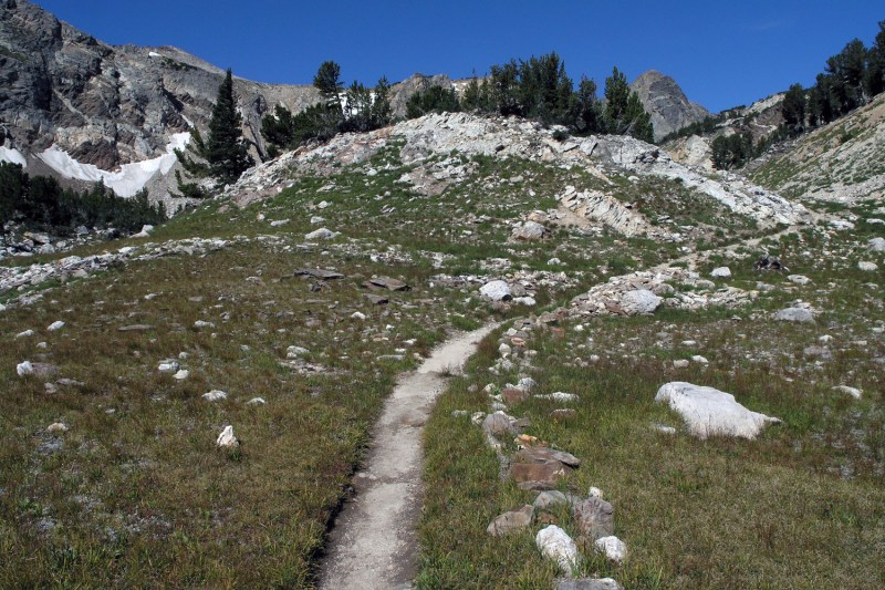 Looking up a rocky trail through Paintbrush Canyon in Grand Teton National Park.