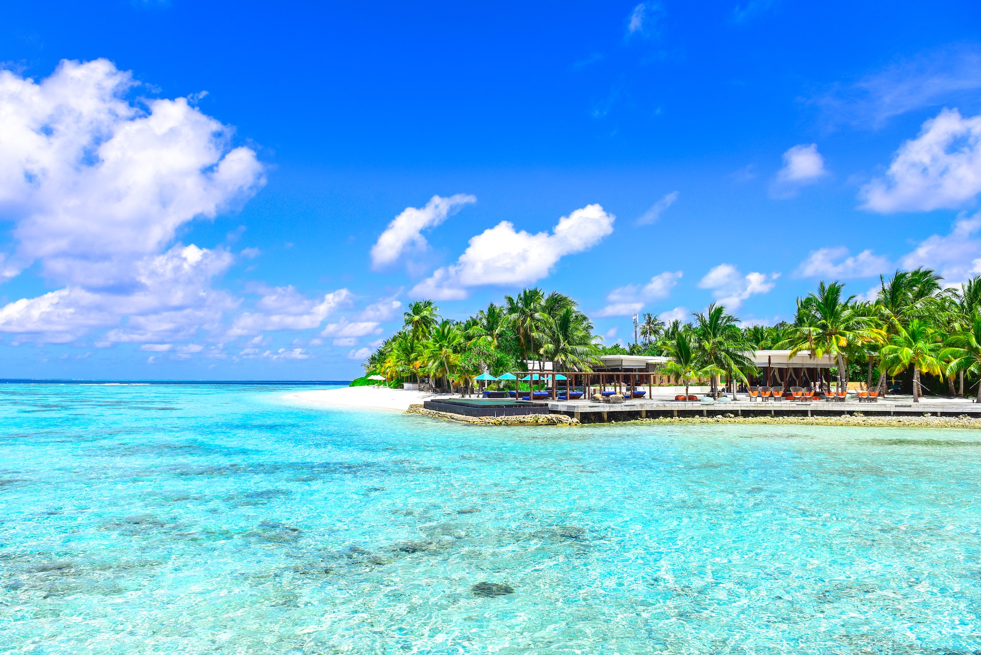 An idyllic Caribbean beach resort with crystal-clear water and a blue daytime sky backdrop