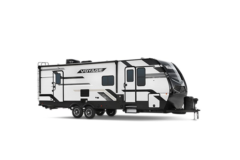 Winnebago Voyage travel trailer isolated on a plain white background.