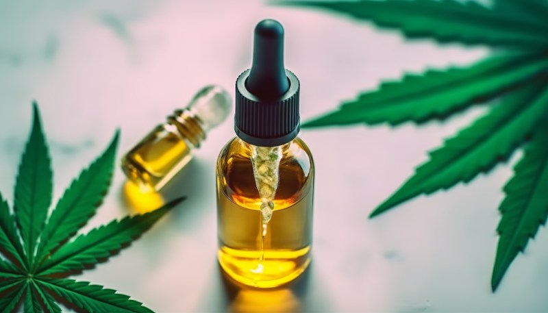 Medical CBD oil on dark background with cannabis leaves