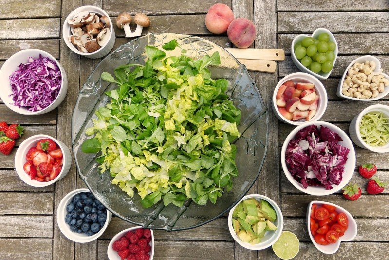 Table of healthy foods in small bowls