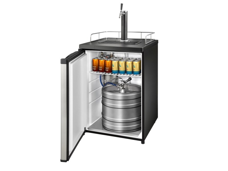 The Insignia NS-BK1TSS6 kegerator with a keg and other canned beverages inside.