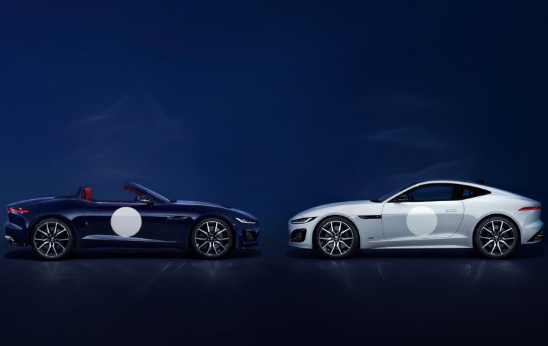 Jaguar's last gas cars, two 2024 Jaguar F-Type ZP Edition cars facing each other, a blue roadster on the left and a white coupe on the right.