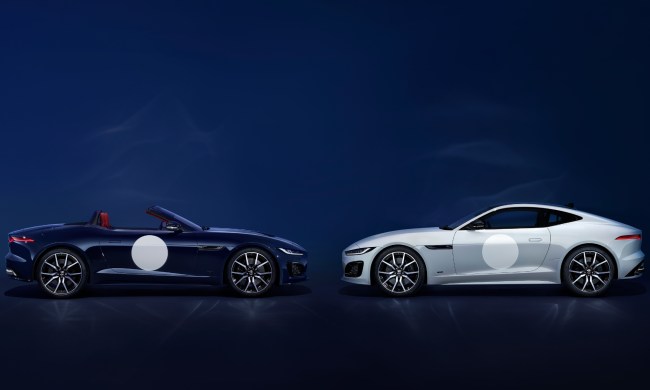 Jaguar's last gas cars, two 2024 Jaguar F-Type ZP Edition cars facing each other, a blue roadster on the left and a white coupe on the right.
