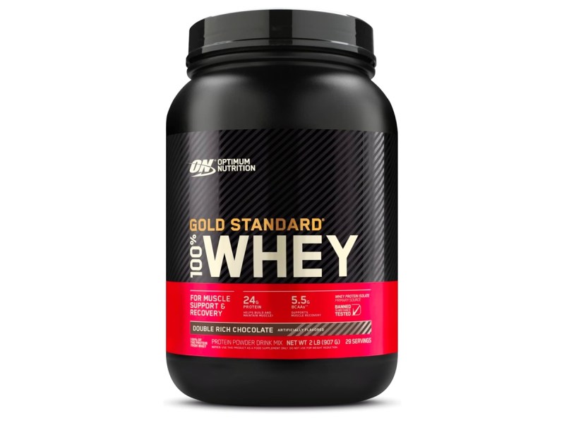The Optimum Nutrition 100% Whey Protein Powder against a white background.