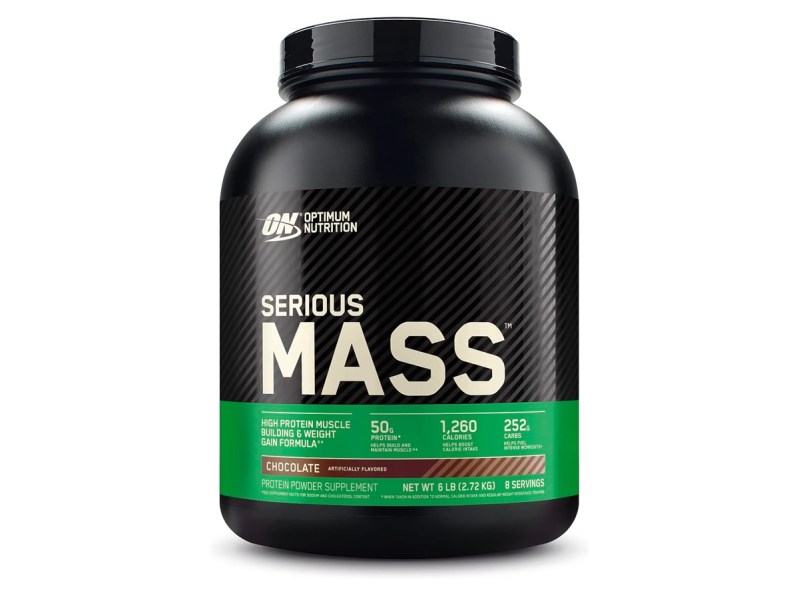 The Optimum Nutrition Serious Mass Weight Gainer Powder container against a white background.