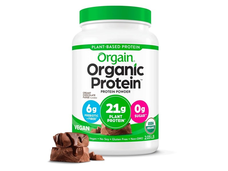 The Orgain Organic Vegan Protein Powder against a white background.