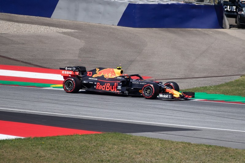 Red Bull team F1 racecar pushing for driver and team championship points.