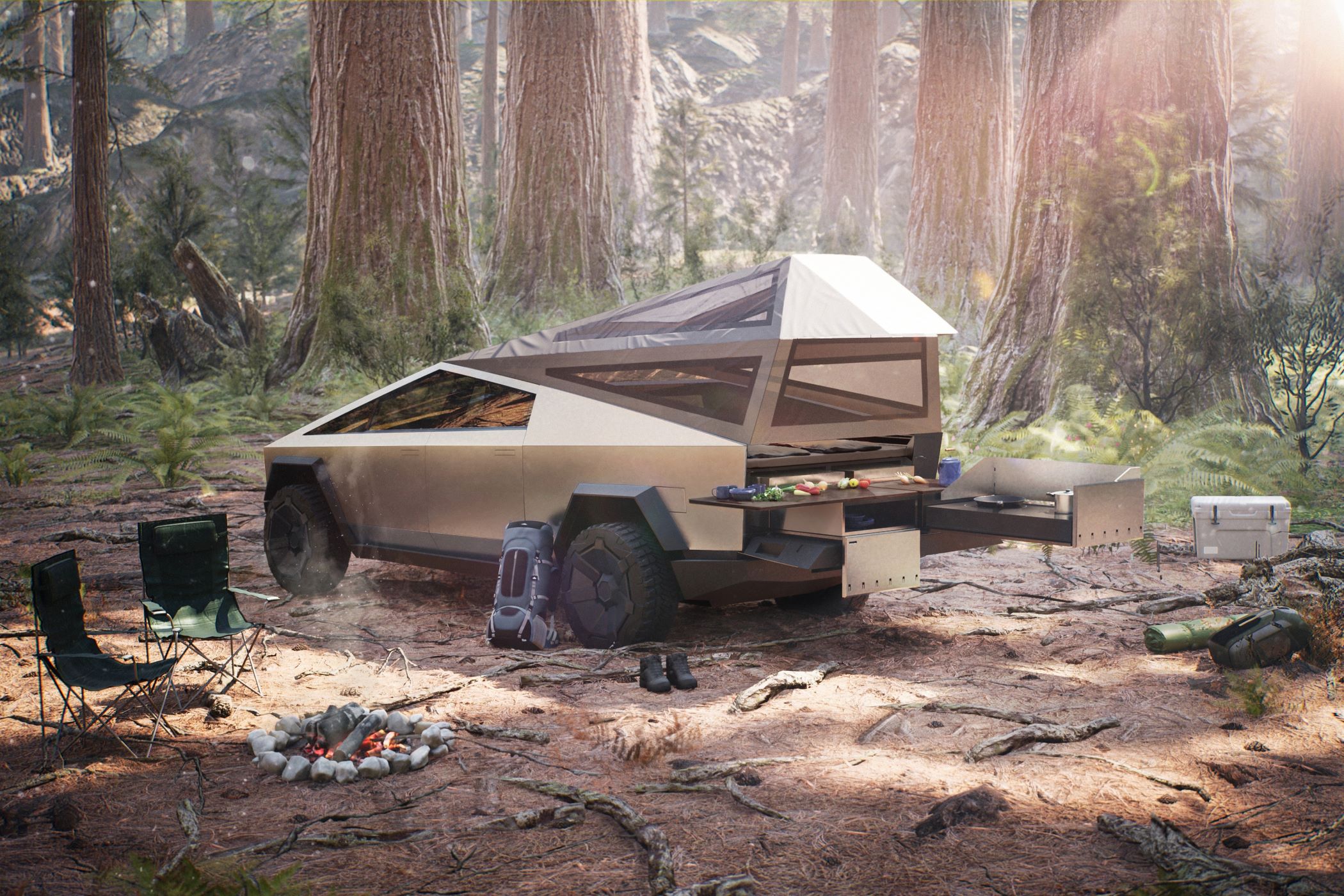 Tesla Cybertruck en un camping