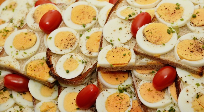Hard boiled sliced eggs with tomato on bread