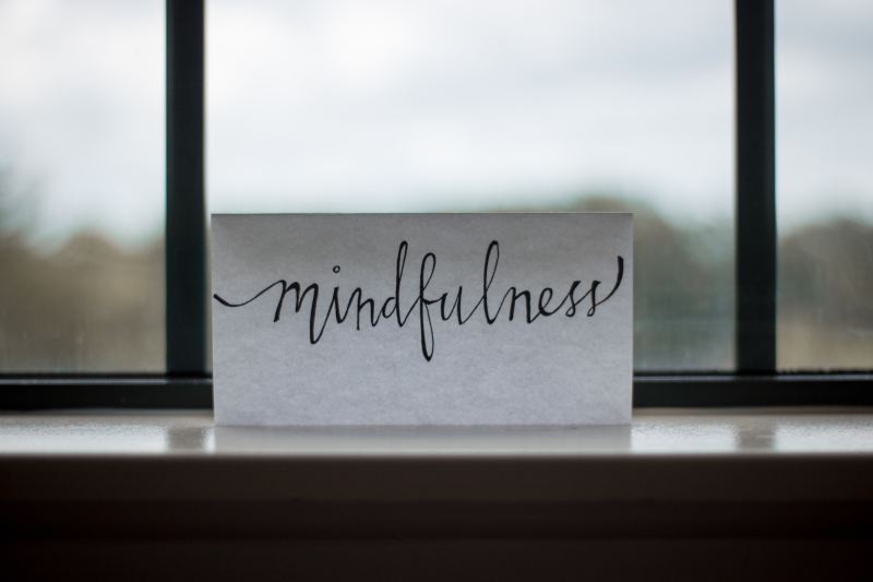 Mindfulness word written on white paper by window