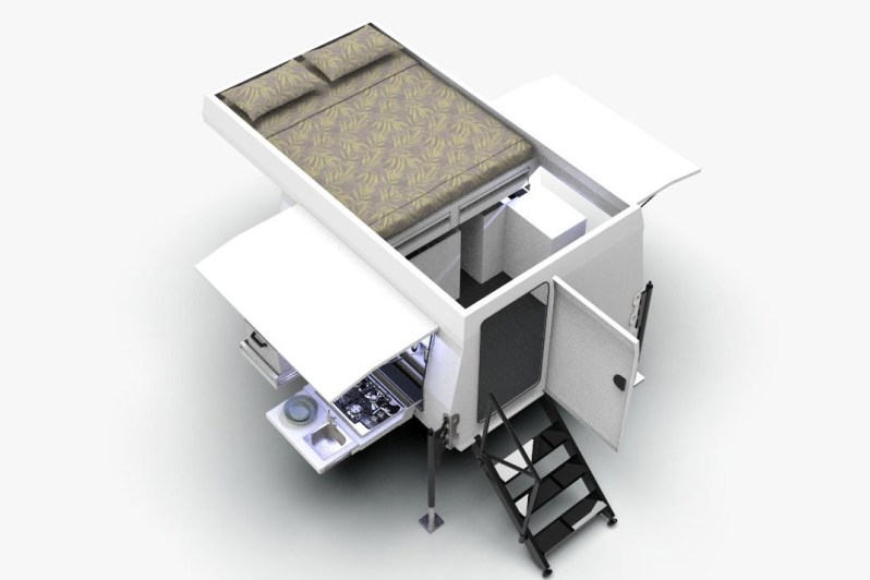 A 3D layout/rendering of Optimized Overlanding's flatbed overlanding trailer.