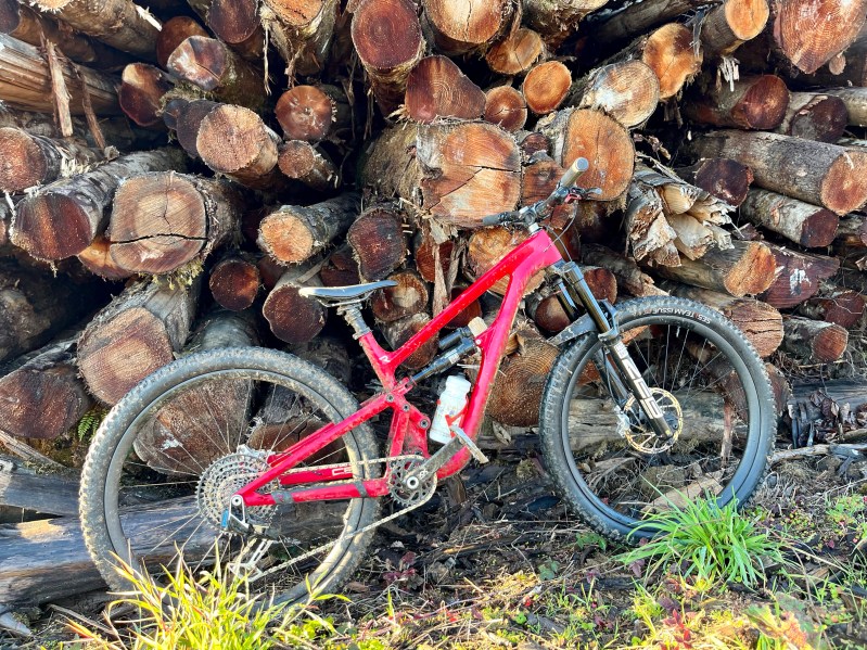 A Revel Rail 29 in front of a log pile
