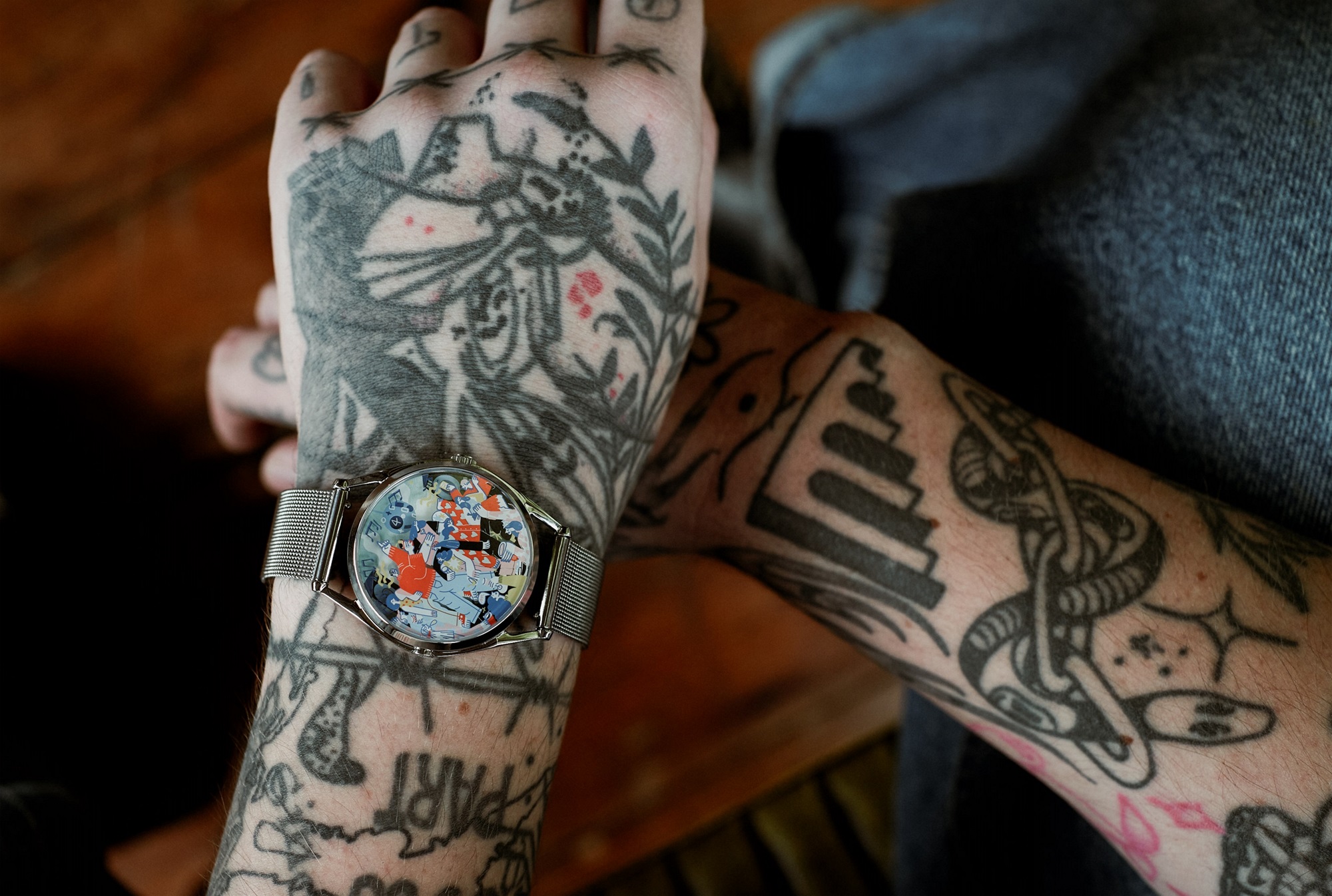 Mr Jones Watch Houseparty on tattooed wrist