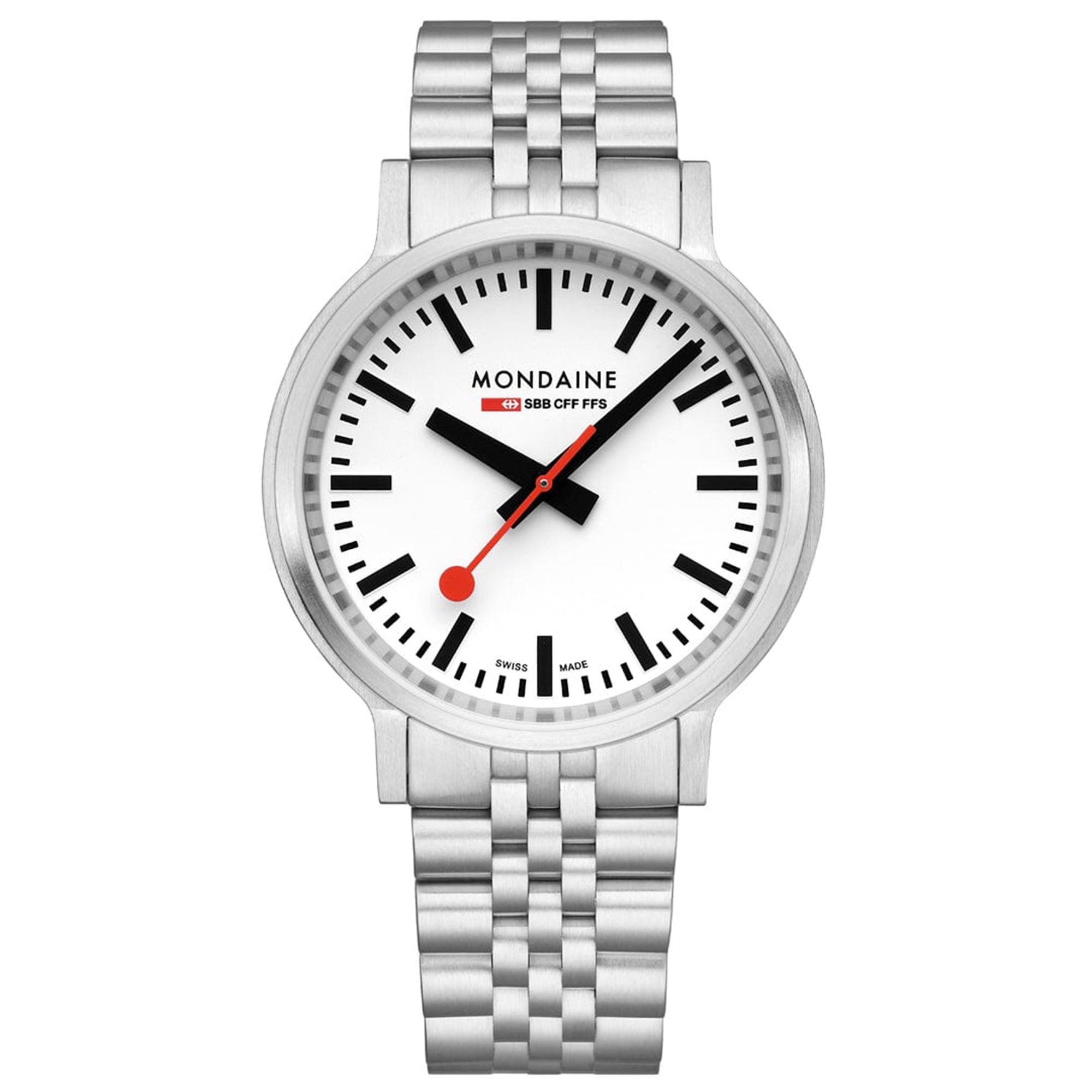 Die Mondaine dtop2go Uhr ist aus Edelstahl gefertigt