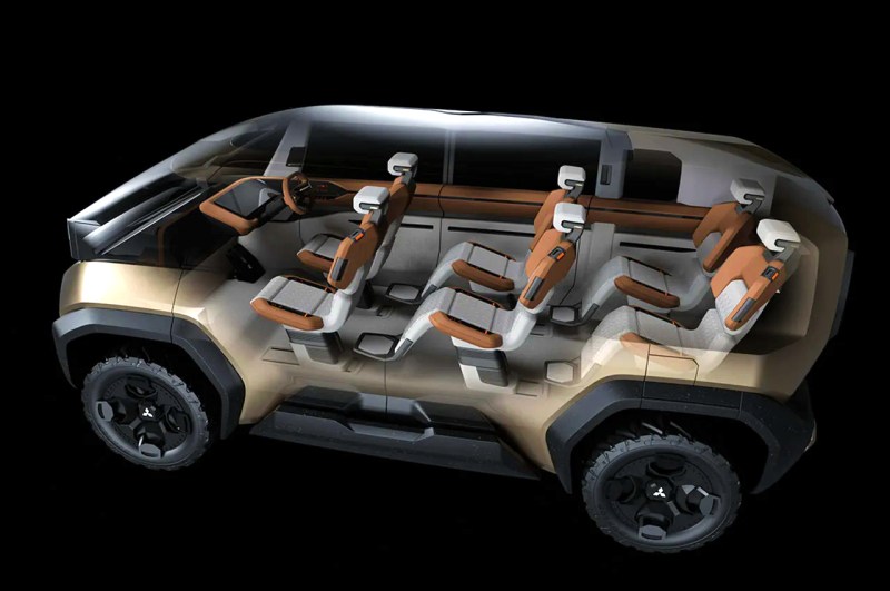 Mitsubishi DX Concept Concept imagen vangráfica de estilo de vida vista interior de tres filas de asientos de dos pasajeros.