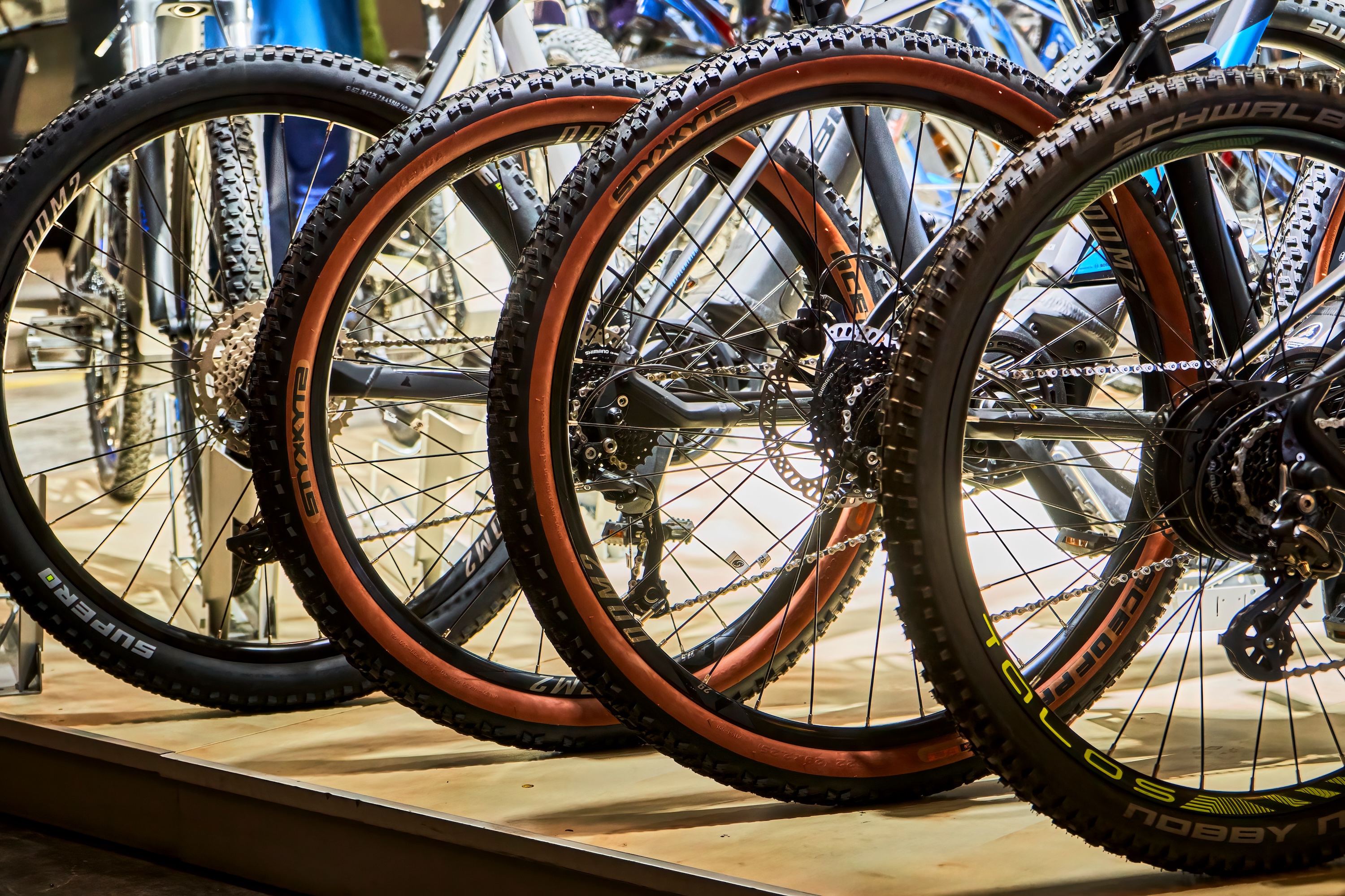 Schwalbe Styx MTB tires for the rear wheels of mountain bikes on a sales stand, Hannover, Germany, September 17, 2022