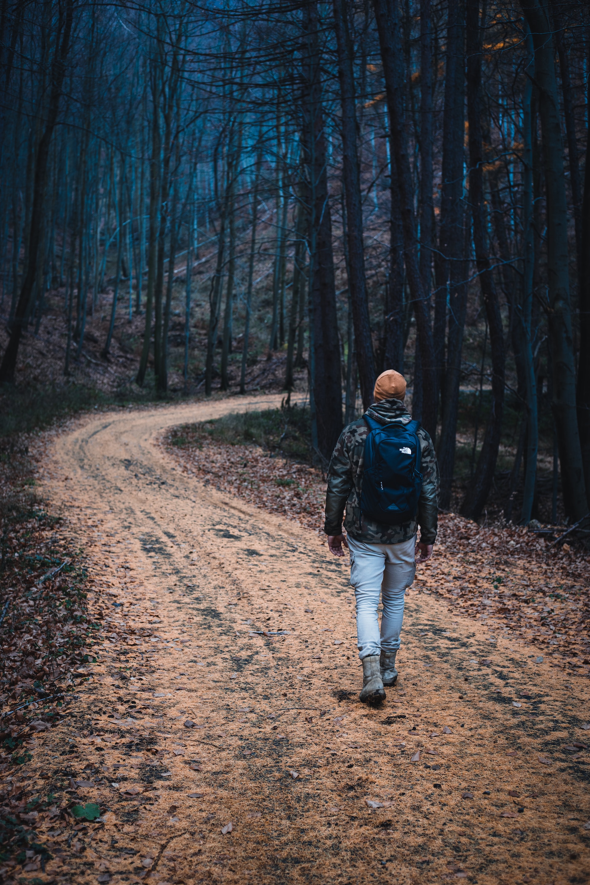 man wearing hat walking through winding hiking trail