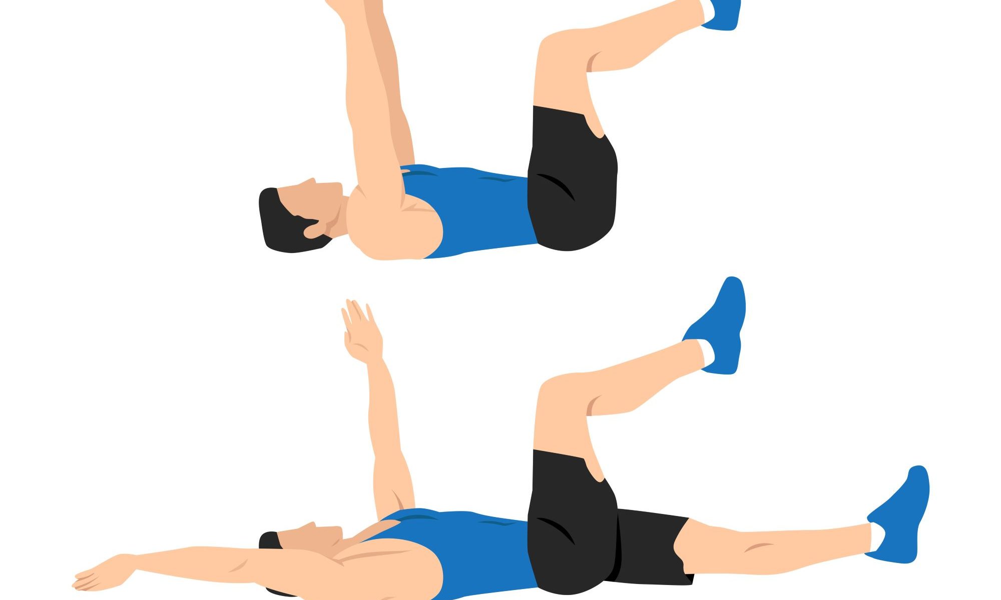man doing dead bug illustration blue shoes