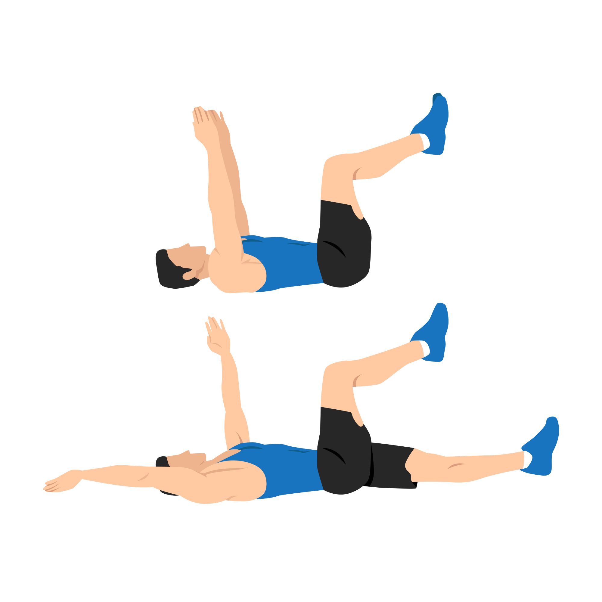 Diagram cartoon drawing of man doing dead bug exercise with blue shoes and shirt