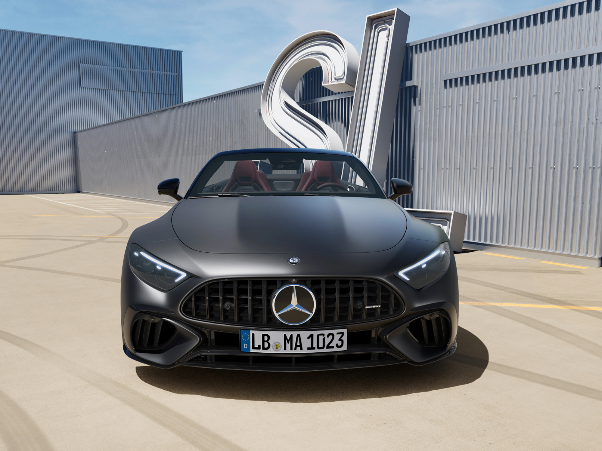 2024 Mercedes-AMG SL 63 S E PERFORMANCE gray paint direct front on view.