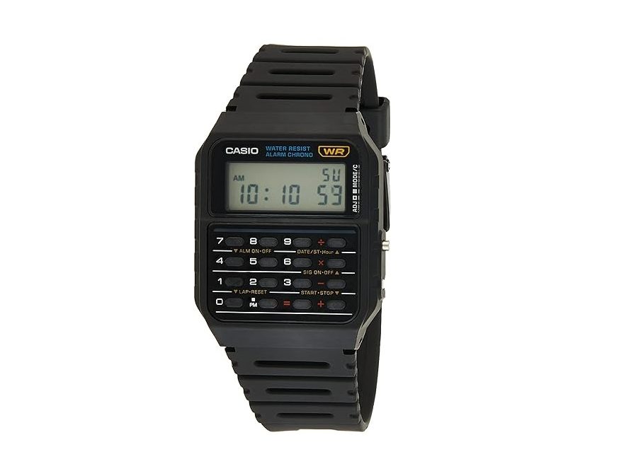 A Casio men's calculator watch with the time displayed.