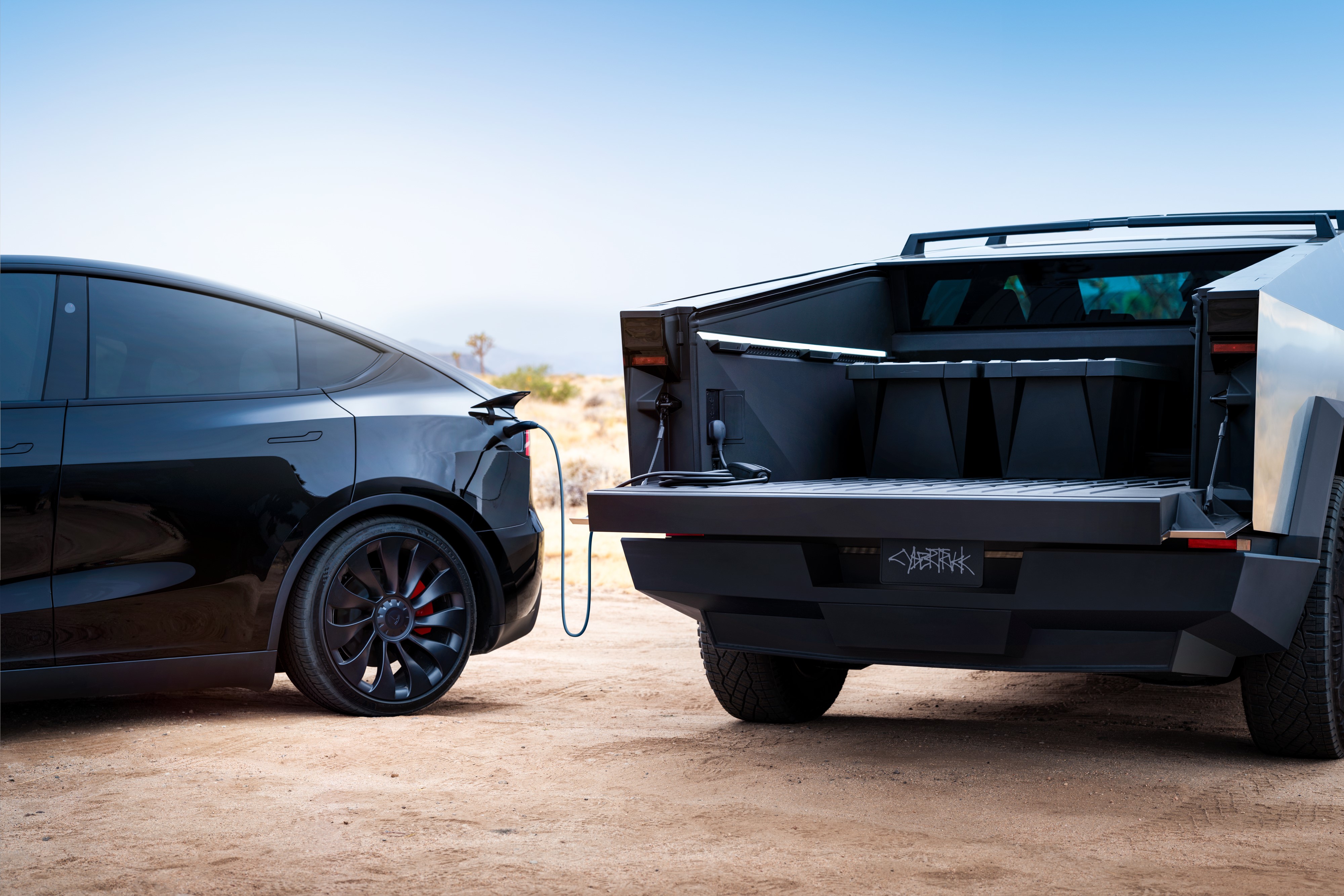 The Tesla Cybertruck charges the Tesla EV using a two-way plug