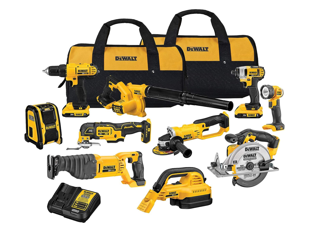 Everything included with the DeWalt 10-Tool Combo Kit laid out against a white background.