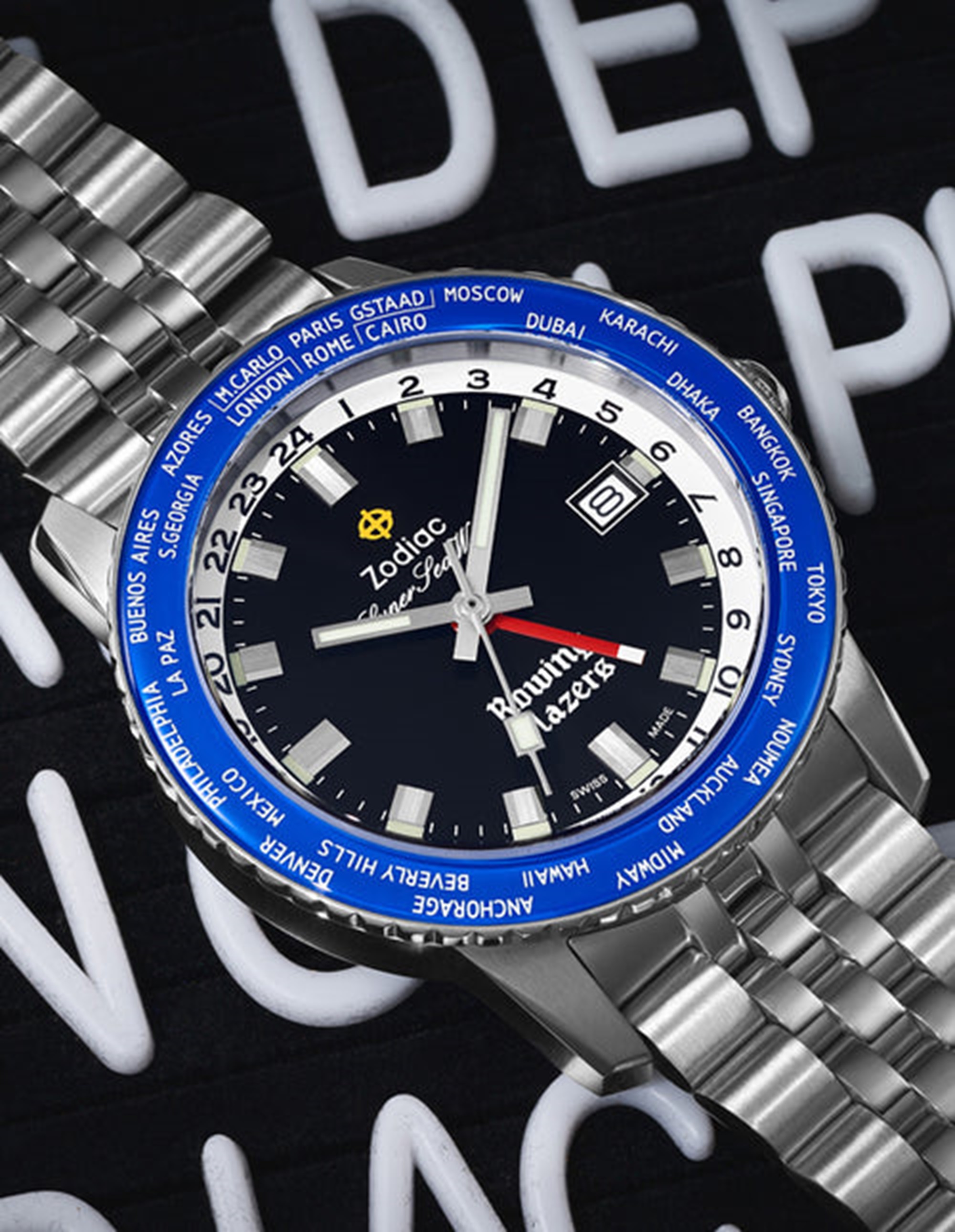 Rowing Blazers X Zodiac World GMT face