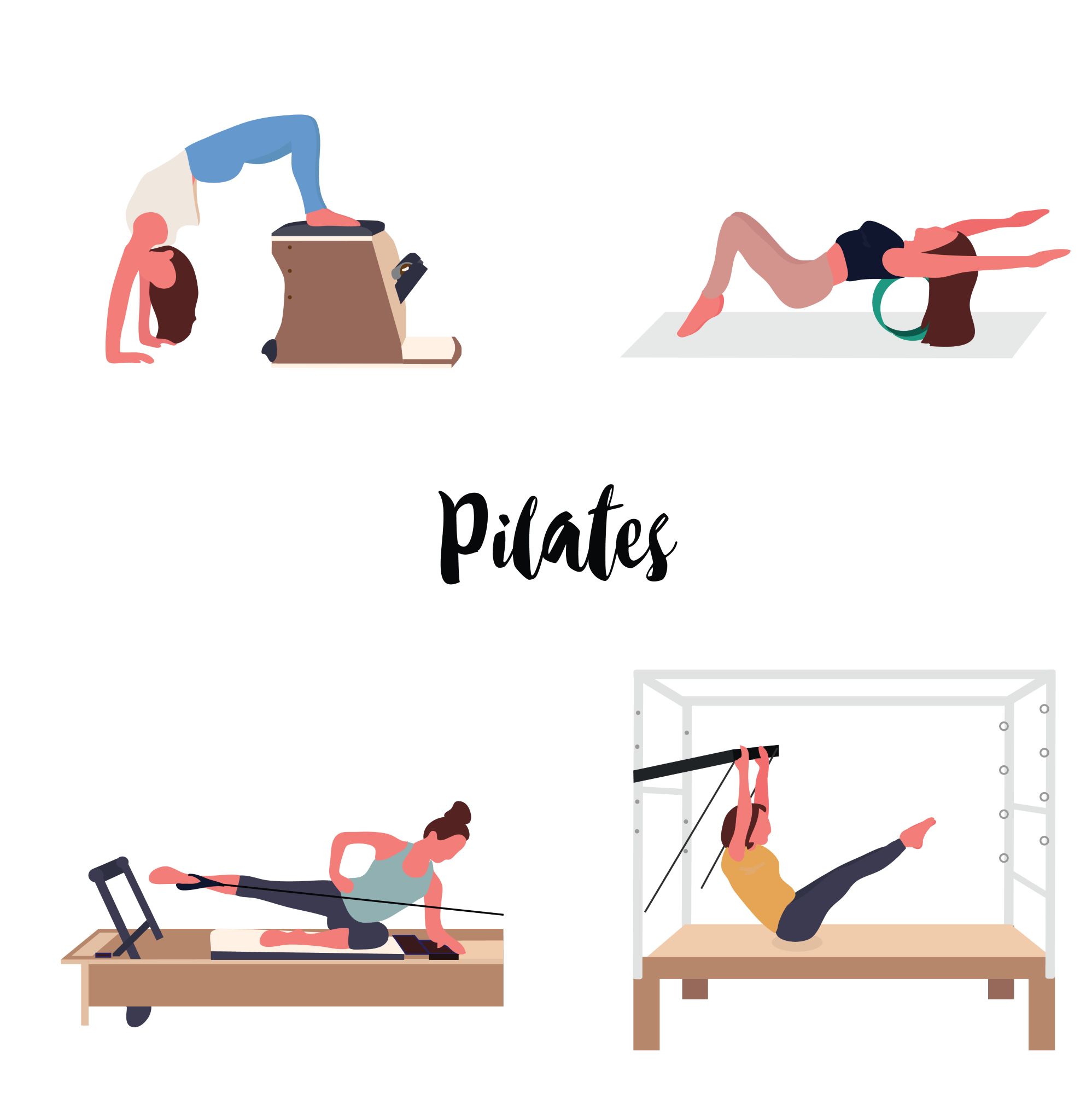 Pilates diagram or drawing of pink woman doing four different exercises and poses with equipment