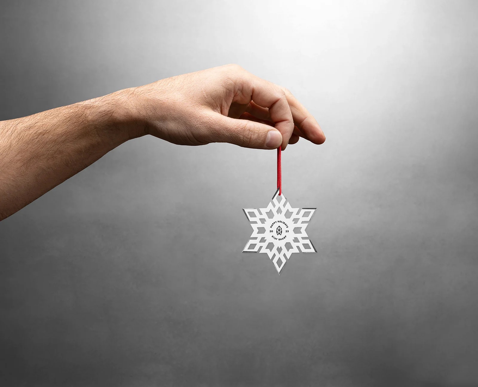 Someone holding up the Throwflake tree ornament.