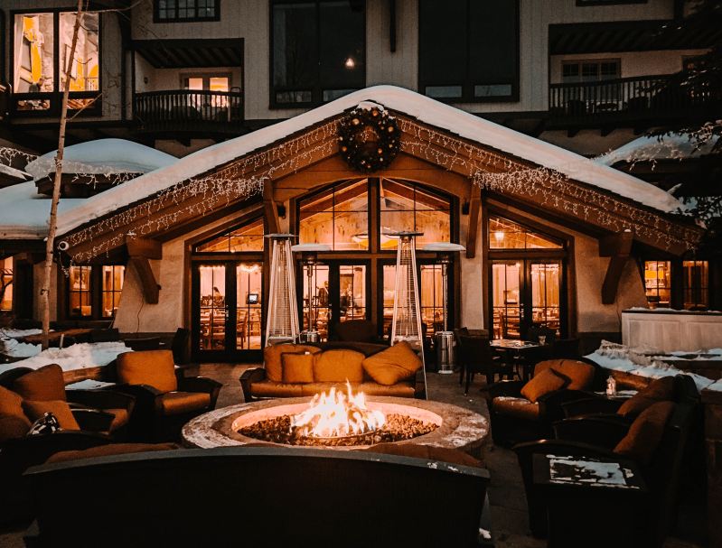 Fireplace in front of a ski resort lodge