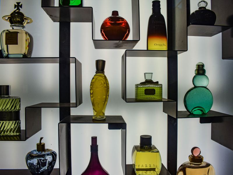 Fragrance bottles on a shelf