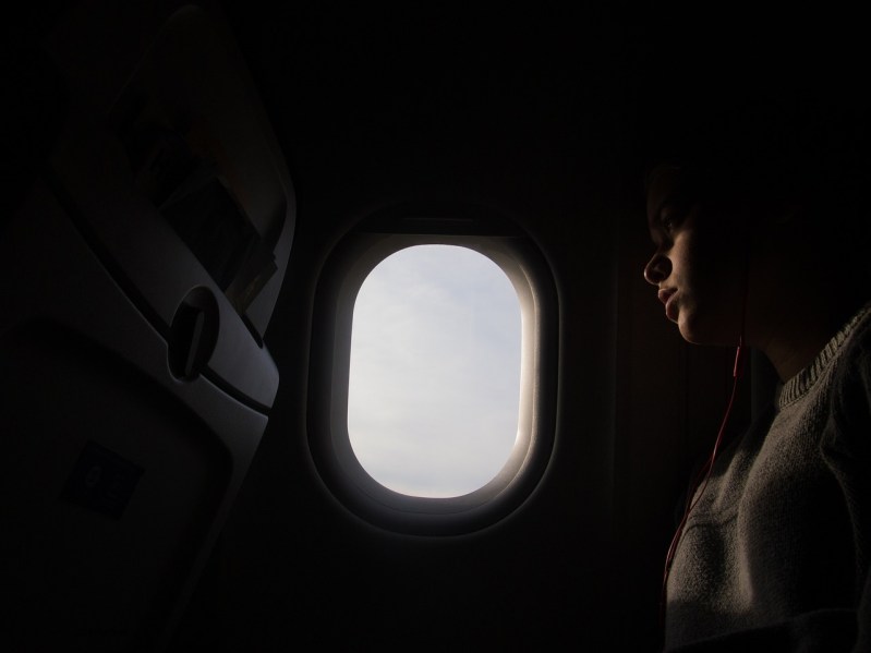 person looking out plane window