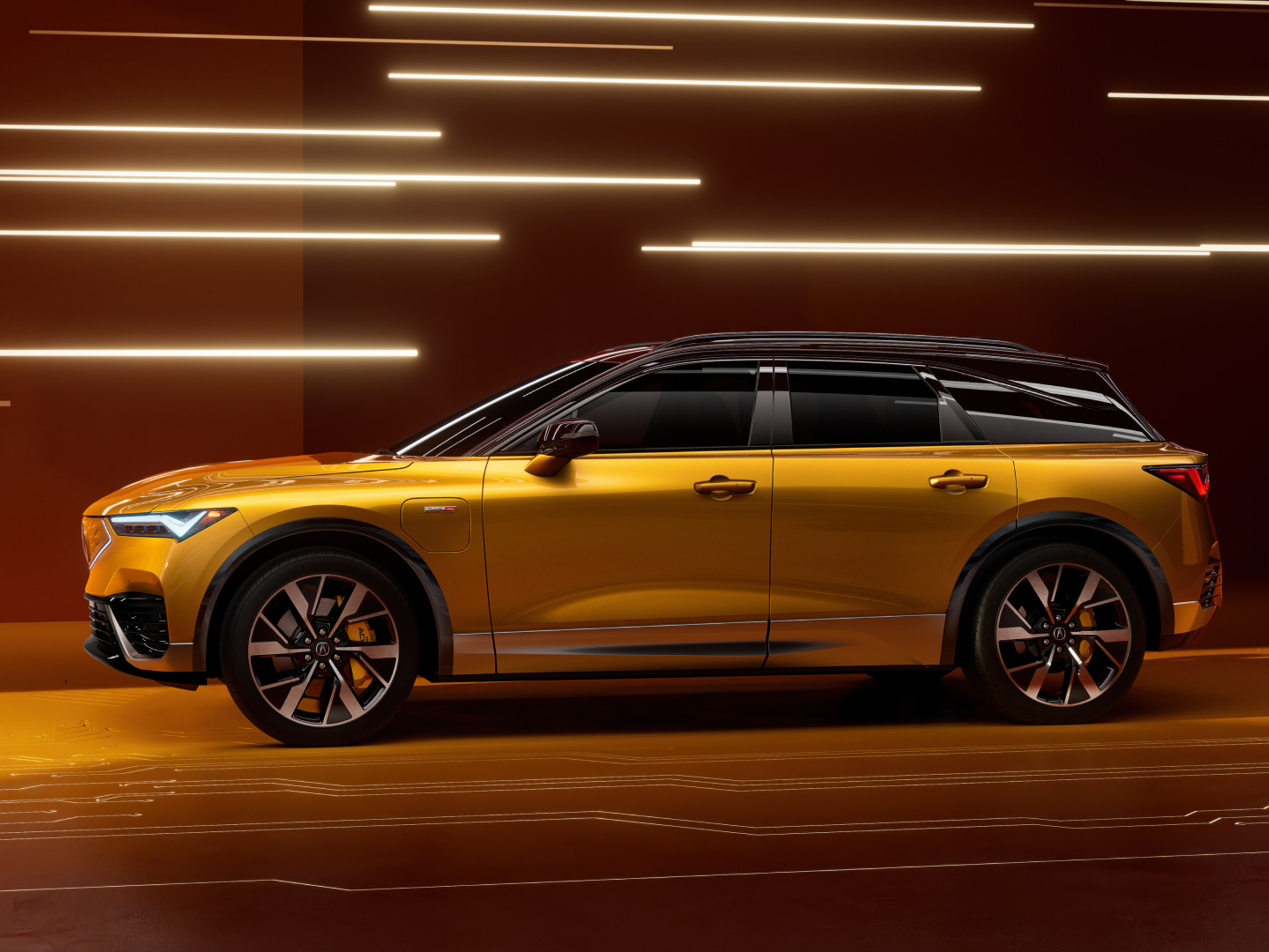 2024 Acura ZDX Type S in a bright gold color with a black top against a red background.