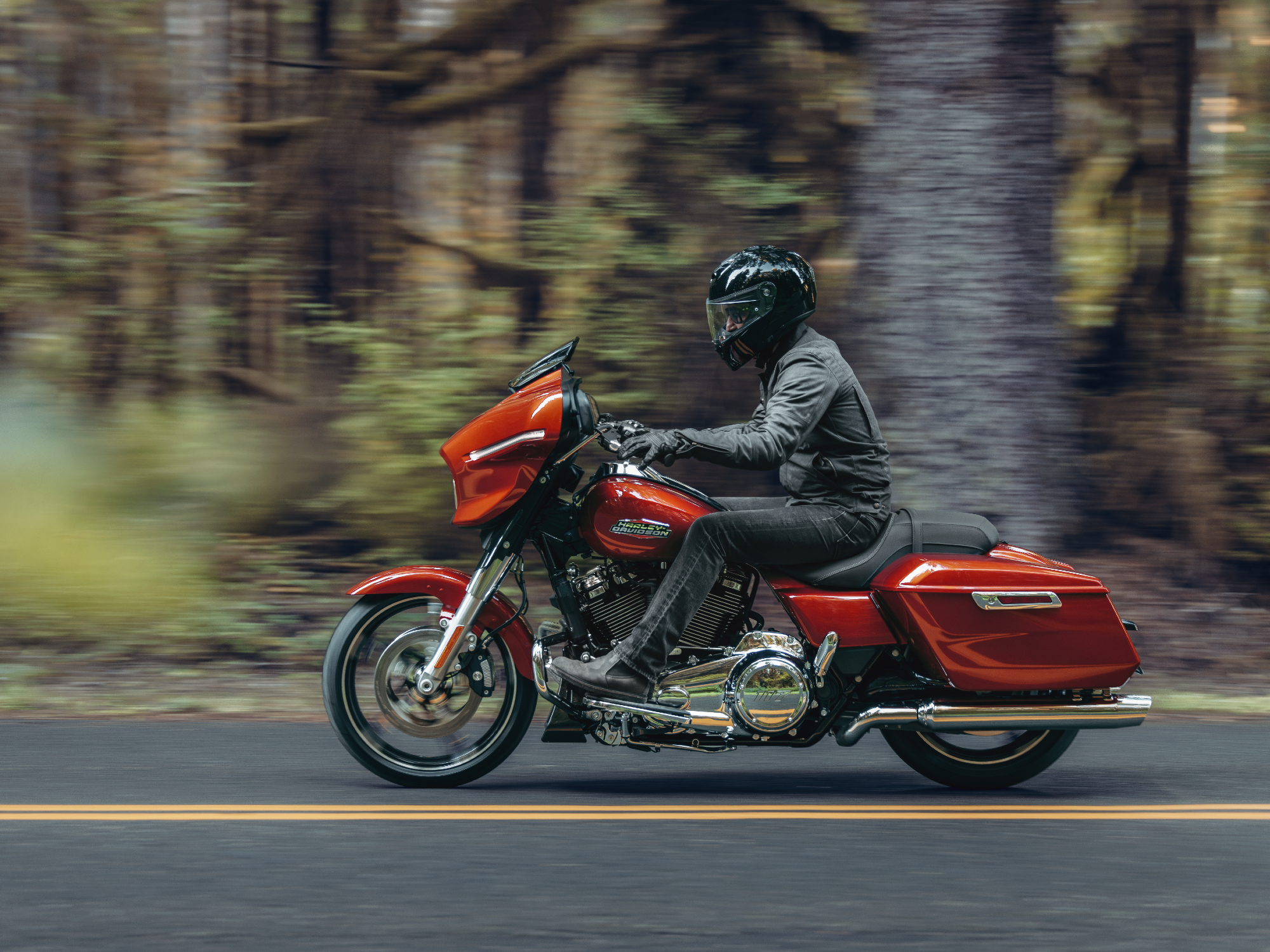 A person with a gray riding suit and black helmet riding a 2024 Harley-Davidson Street Glide on a two-lane street with a forest in the background.