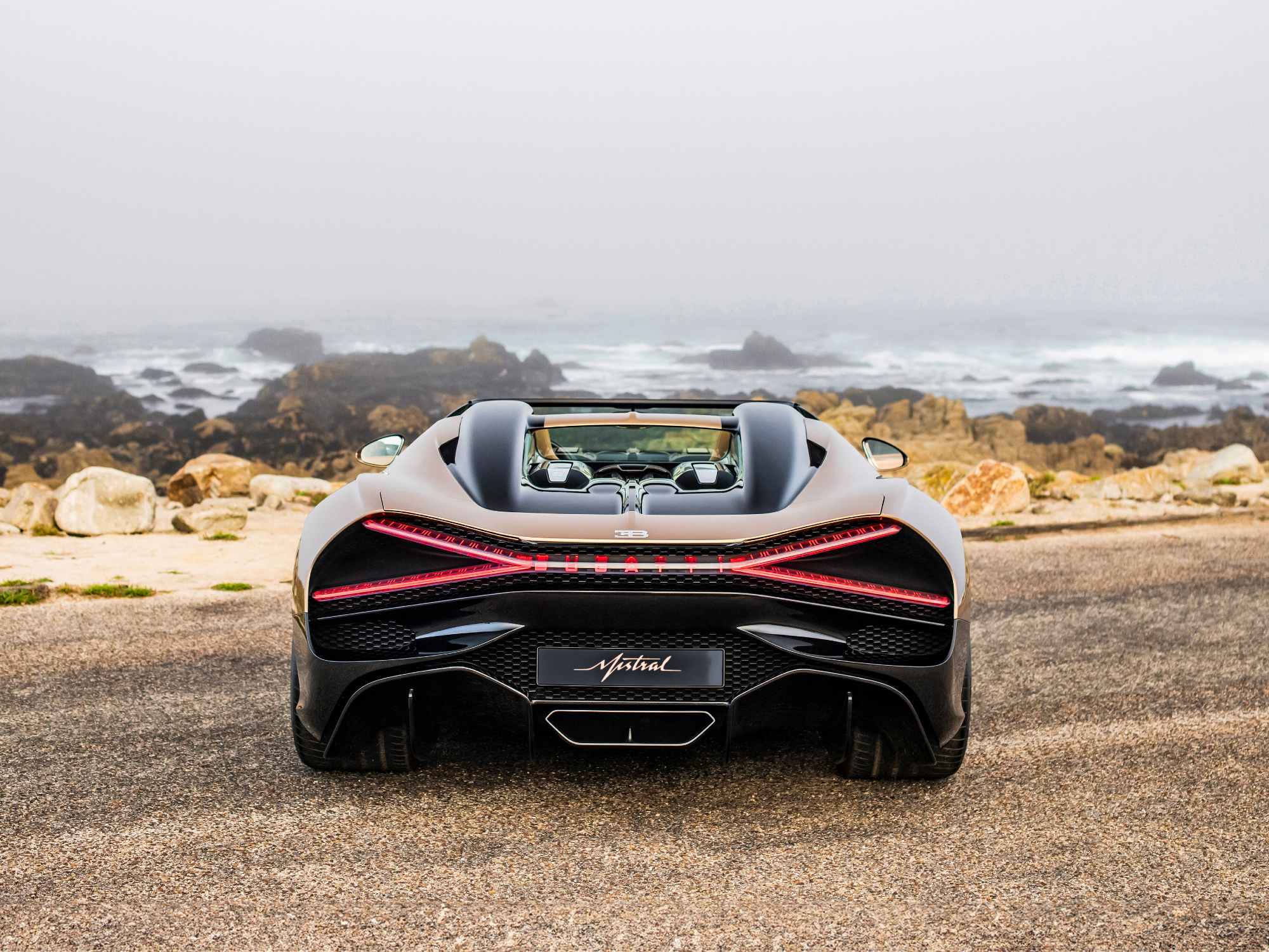 Bugatti W16 Mistral Roadster parked on pavement rear view of the car overlooked a rocky ocean coast.