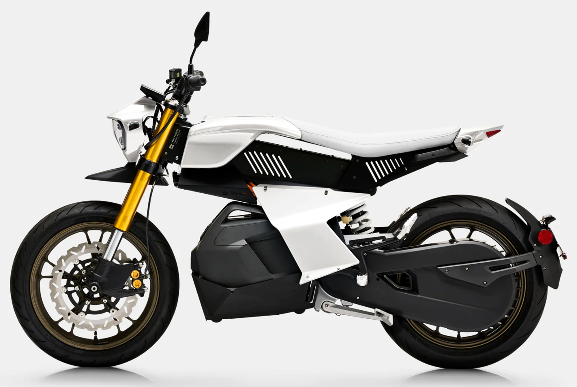 Ryvid Anthem electric motorcycle in Rapid White.