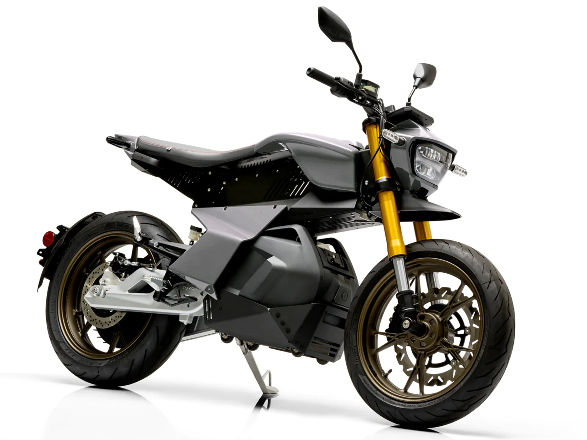 Ryvid Anthem electric motorcycle against a white background front fright three-quarter-view.