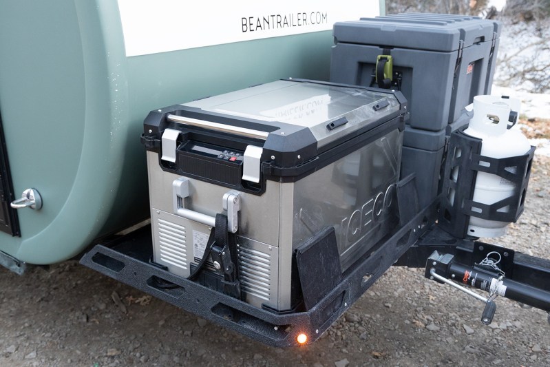 Hitch rack on a Bean Stock 2.0 teardrop trailer.