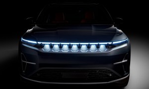 All-Electric Jeep Wagoneer S shadowed image showing front LED lighting grid.