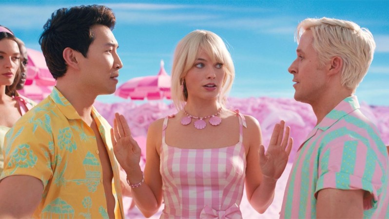Simu Liu, Margot Robbie, and Ryan Gosling in Barbie.