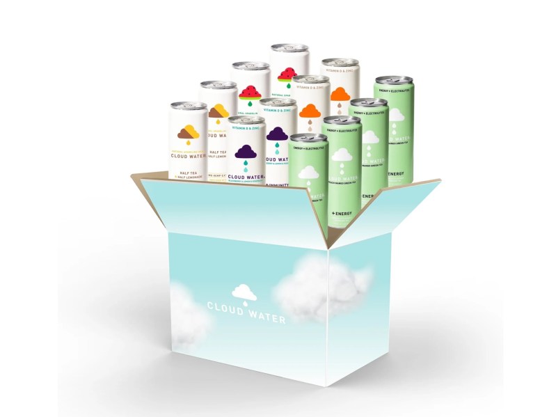 Cloud Water Survivalist drink pack in box with 12 varied cans.