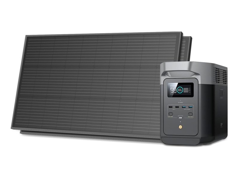 The EcoFlow Delta 2 portable power station with solar panels against a white background.