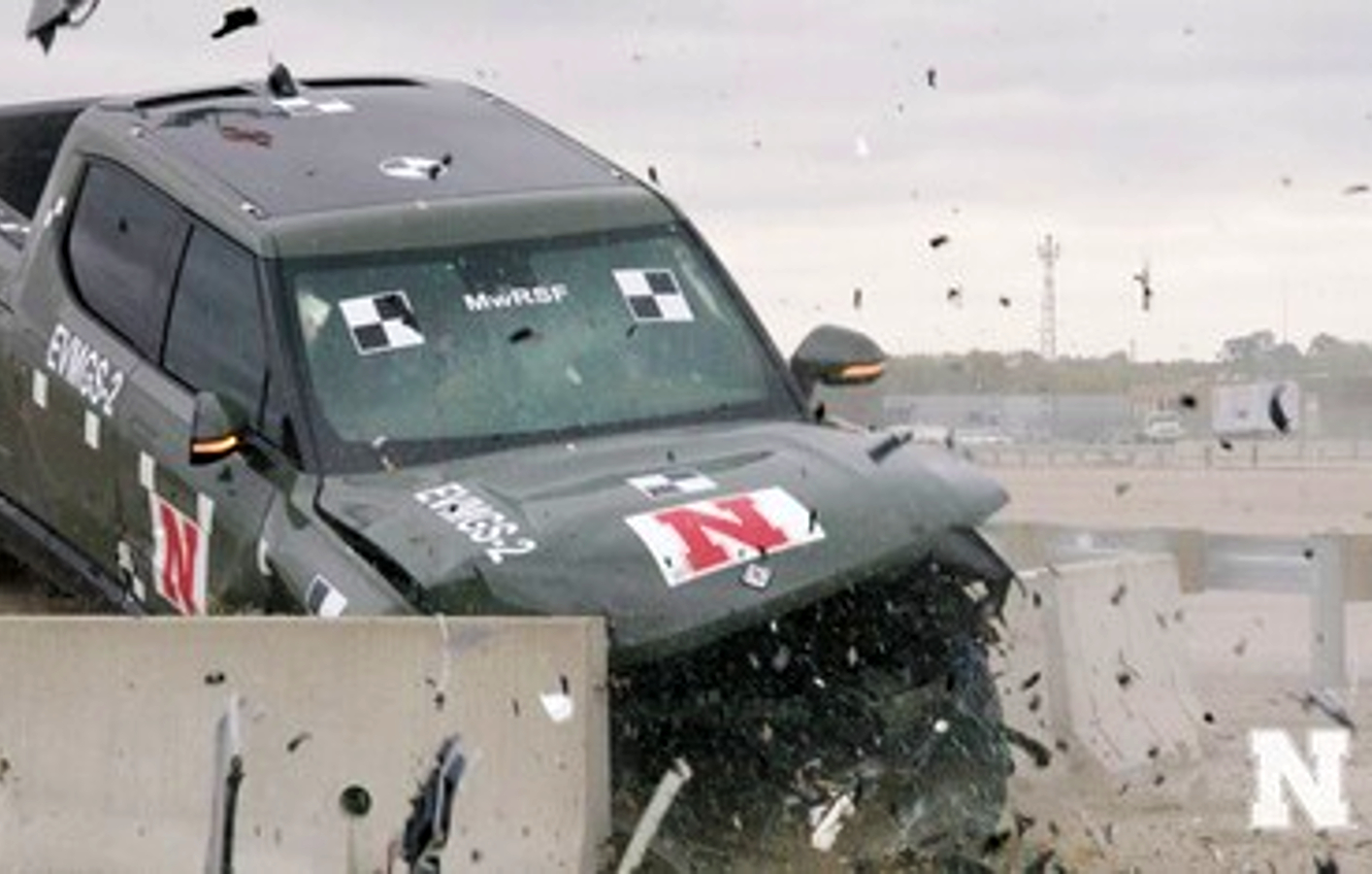 EV crash testing with highway barriers by the University of Nebraska-Lincoln with a 2022 Rivian R1 EV pickup truck.