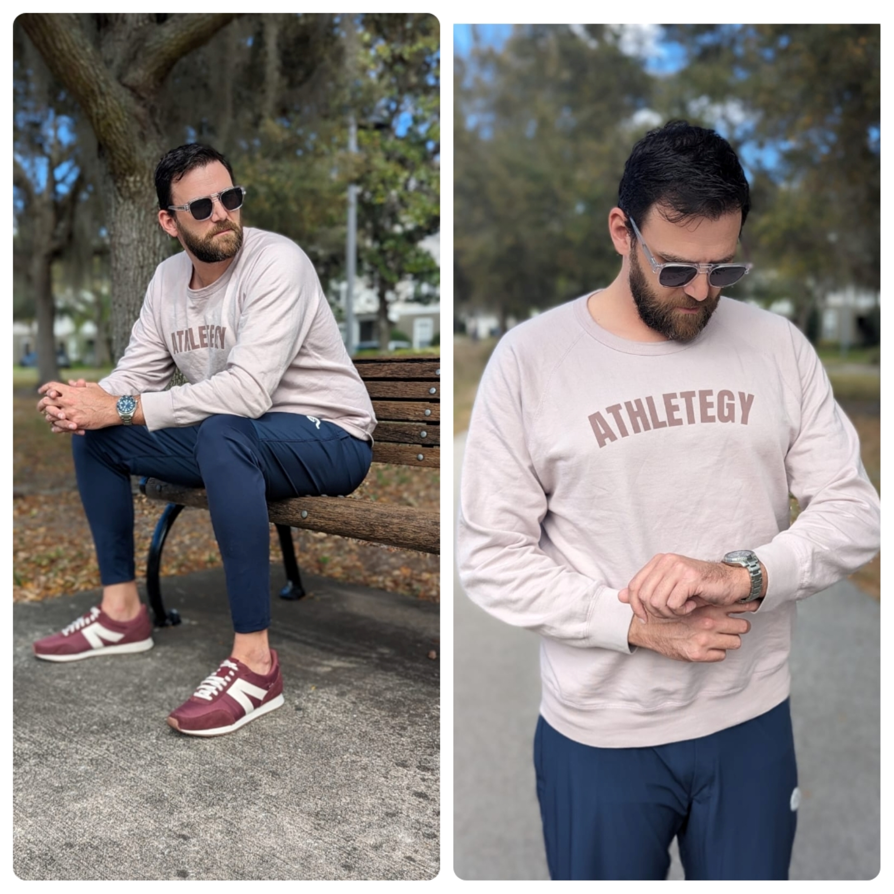 Man in rose sweatshirt, joggers, and burgandy shoes