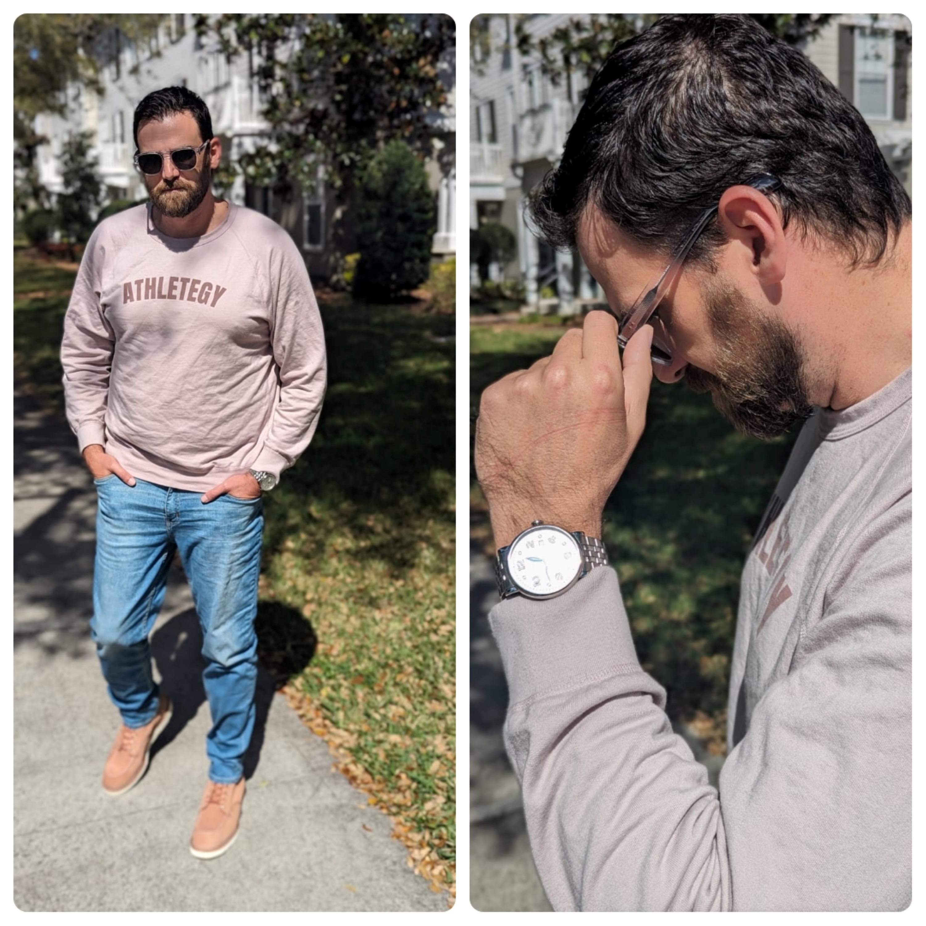 Man in rose sweatshirt, rose boots, and light denim