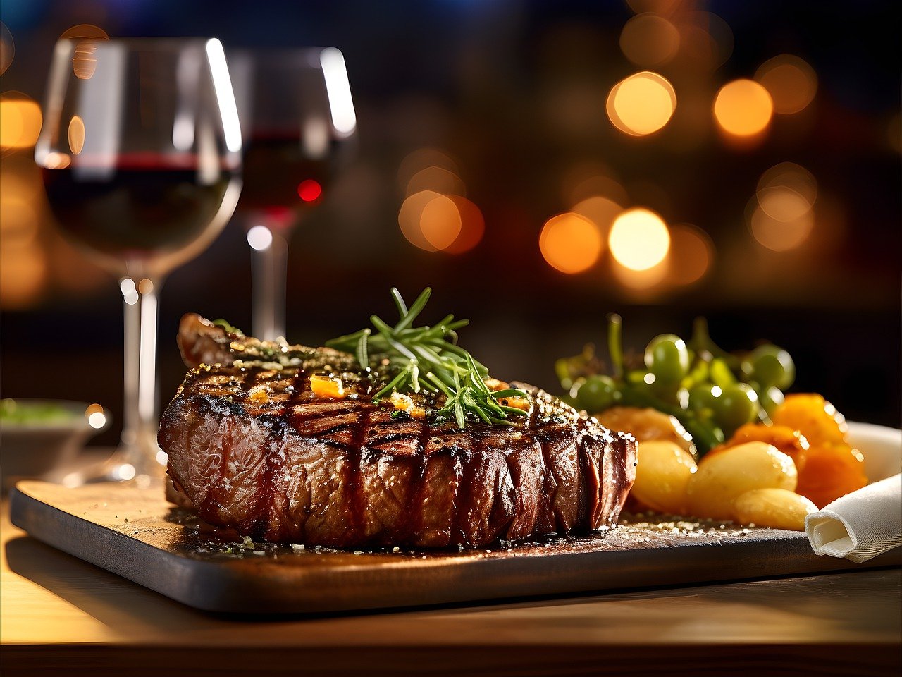 Grilled steak with glass of red wine