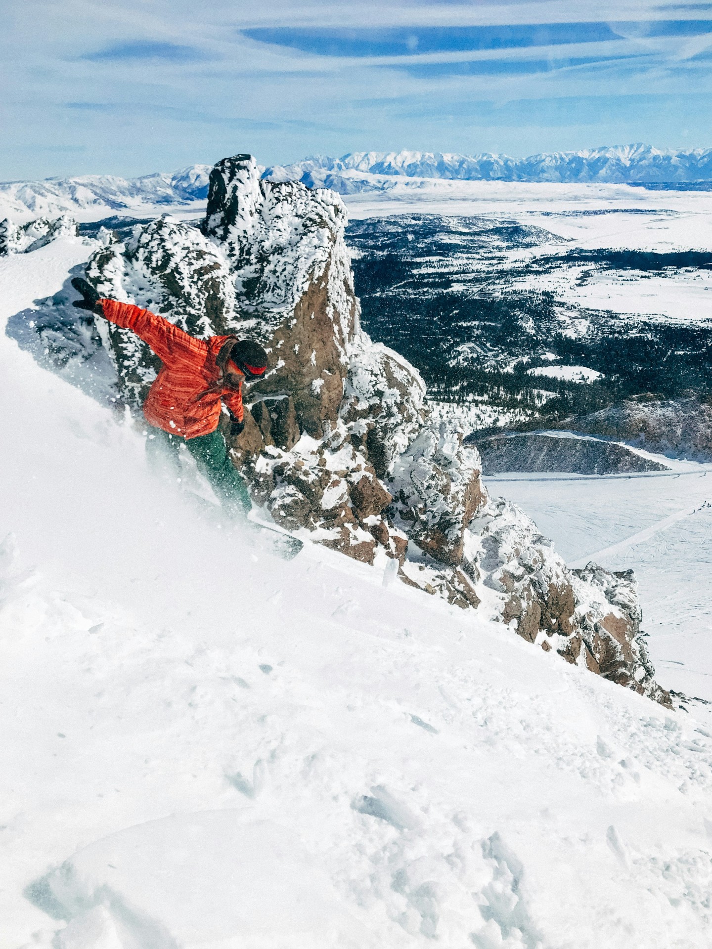 Snowboarding steeps at Mammoth Mountain, CA