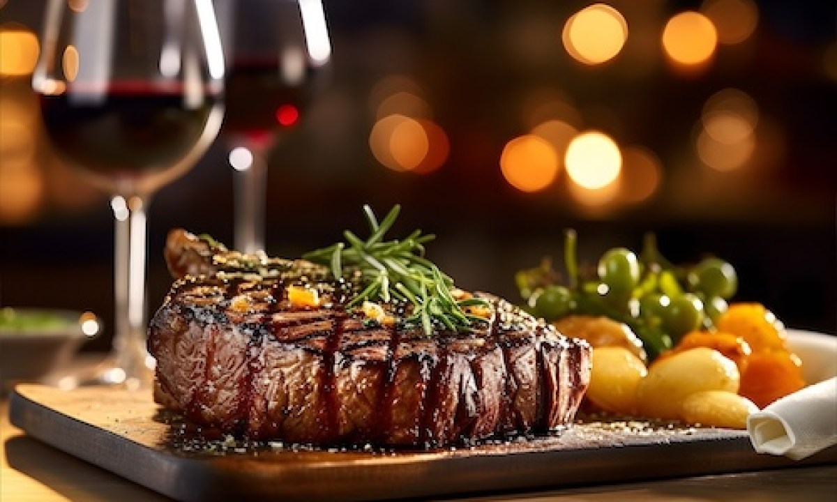 Cut of grilled steak with glass of red wine